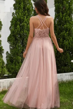 Robe demoiselle d'honneur rose poudré dos en dentelle