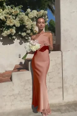 Robe demoiselle d'honneur rose poudré longue