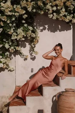 Robe demoiselle d'honneur rose poudré longue