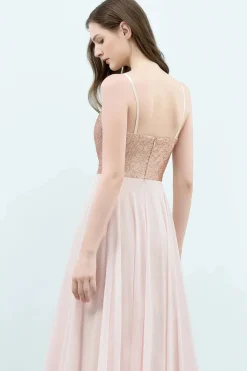 Robe demoiselle d'honneur rose poudré longue