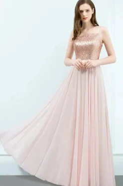 Robe demoiselle d'honneur rose poudré longue