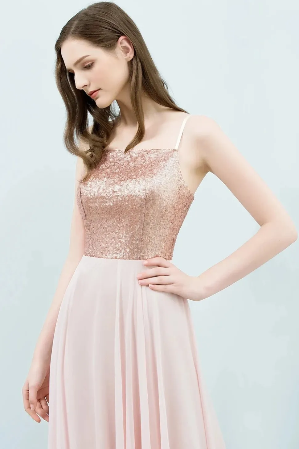 Robe demoiselle d'honneur rose poudré longue
