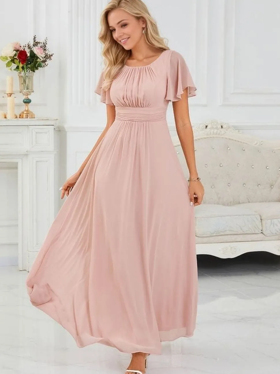 Robe demoiselle d'honneur rose longue drappée fluide