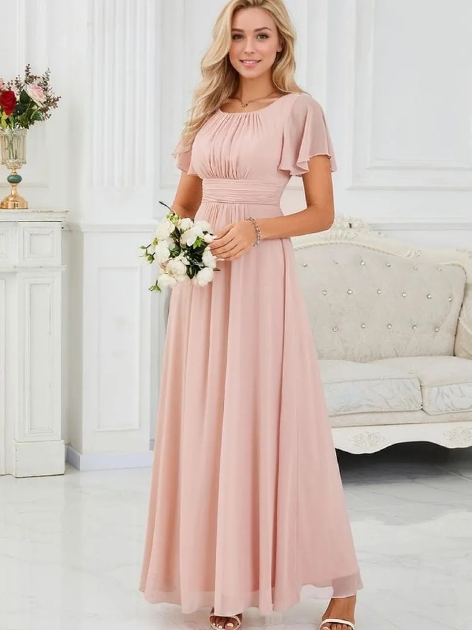 Robe demoiselle d'honneur rose longue drappée fluide
