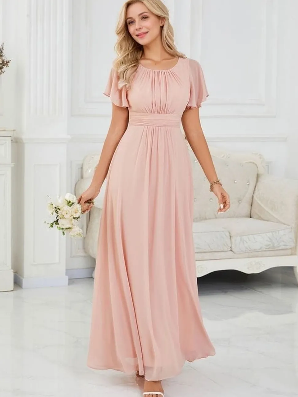 Robe demoiselle d'honneur rose longue drappée fluide