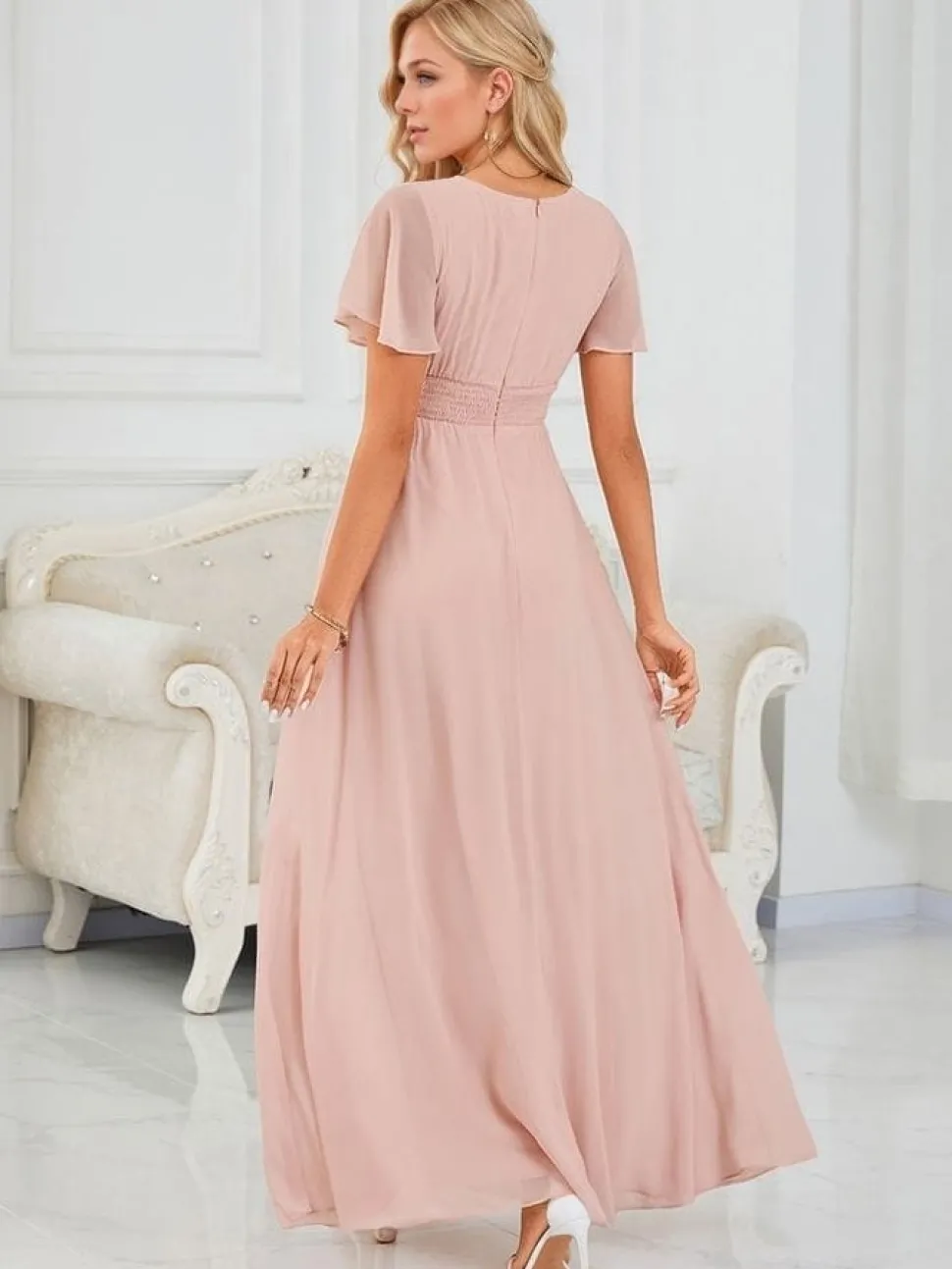 Robe demoiselle d'honneur rose longue drappée fluide