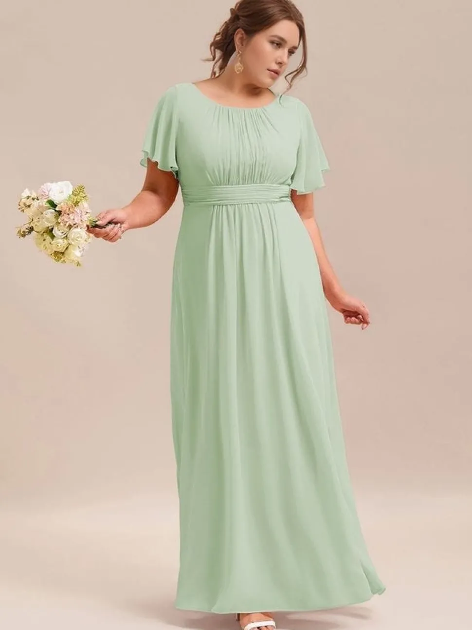 Robe demoiselle d'honneur vert sauge longue fluide grande taille