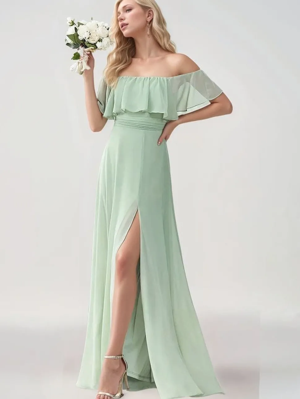 Robe demoiselle d'honneur verte longue épaules dénudées