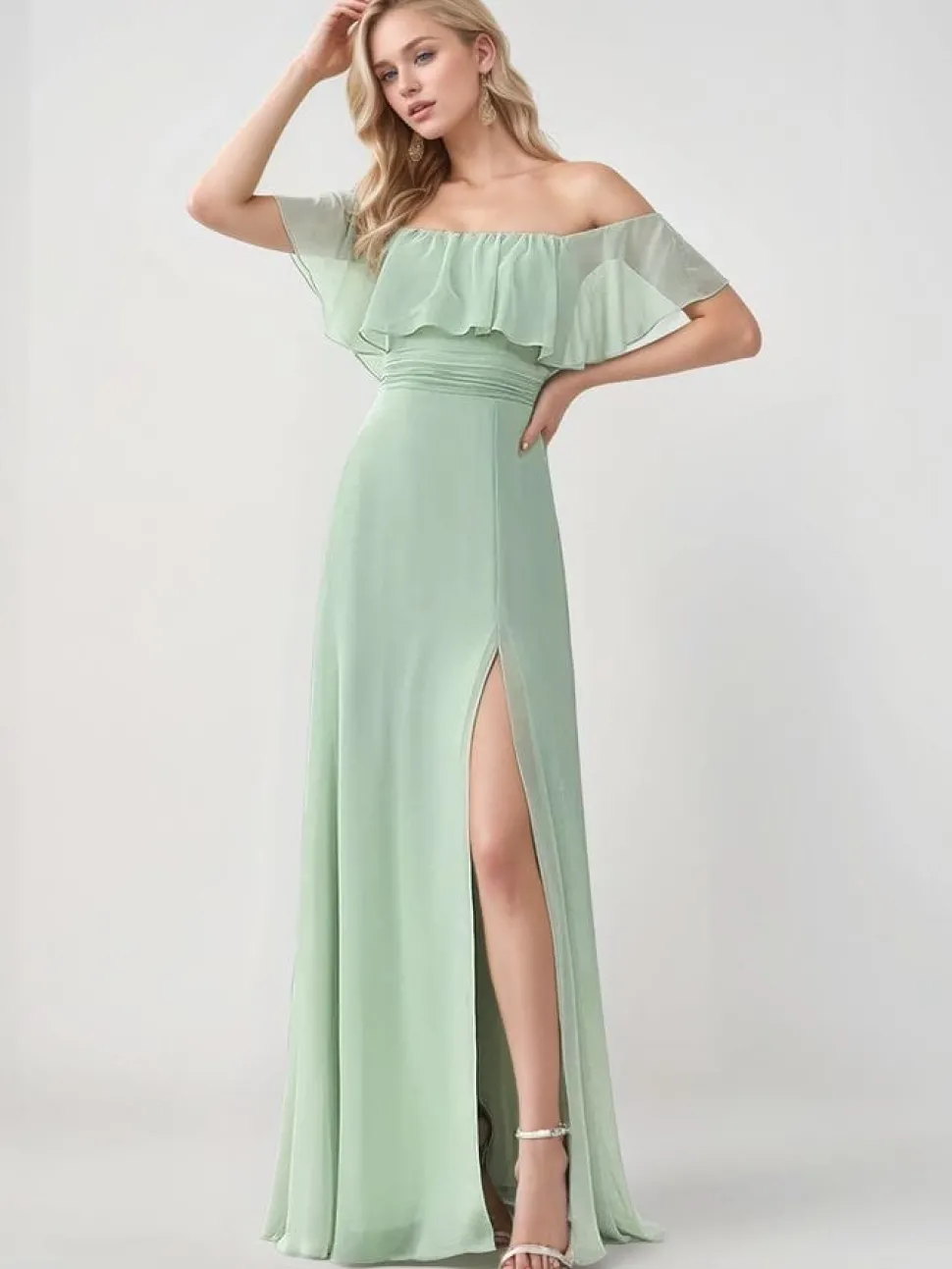 Robe demoiselle d'honneur verte longue épaules dénudées