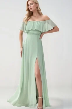 Robe demoiselle d'honneur verte longue épaules dénudées