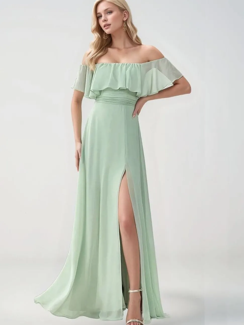 Robe demoiselle d'honneur verte longue épaules dénudées