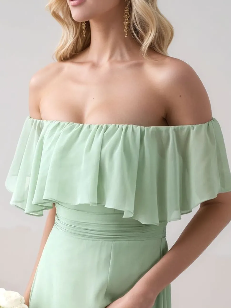 Robe demoiselle d'honneur verte longue épaules dénudées