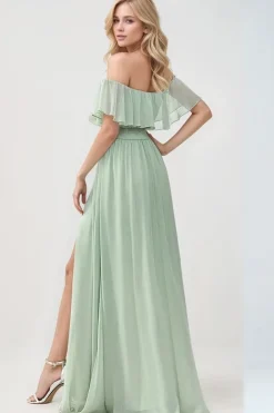 Robe demoiselle d'honneur verte longue épaules dénudées