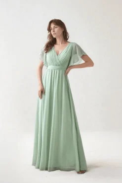 Robe demoiselle d'honneur vert sauge manches à volants