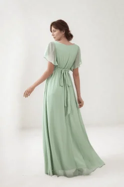 Robe demoiselle d'honneur vert sauge manches à volants