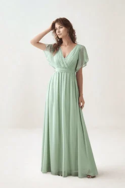Robe demoiselle d'honneur vert sauge manches à volants