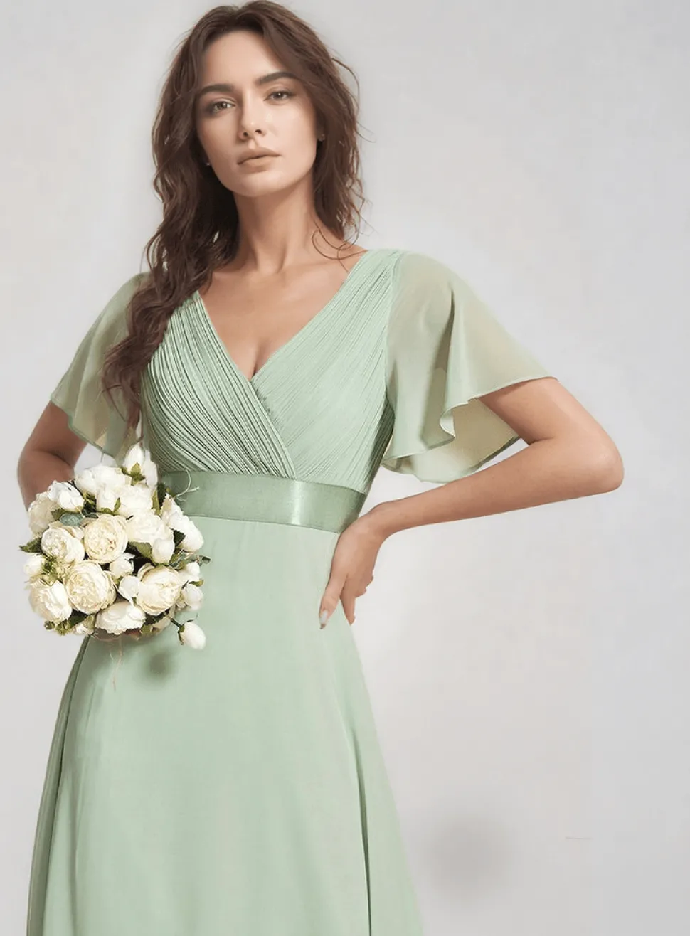 Robe demoiselle d'honneur vert sauge longue fluide