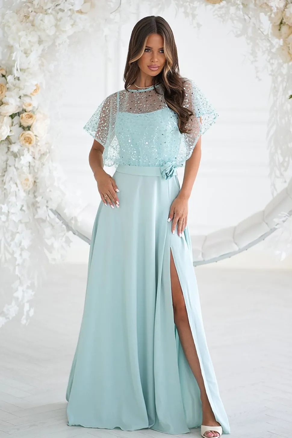 Robe demoiselle d'honneur vert menthe longue fendue