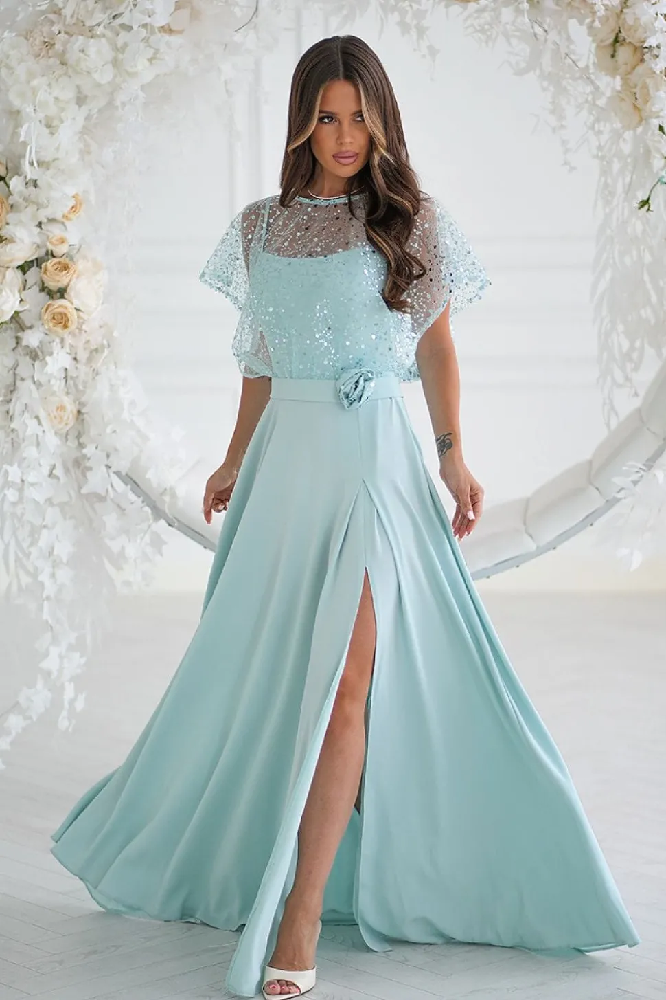 Robe demoiselle d'honneur vert menthe longue fendue