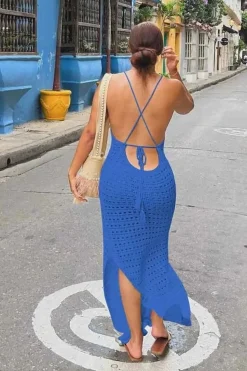 Robe de plage crochet longue fendue dos nu