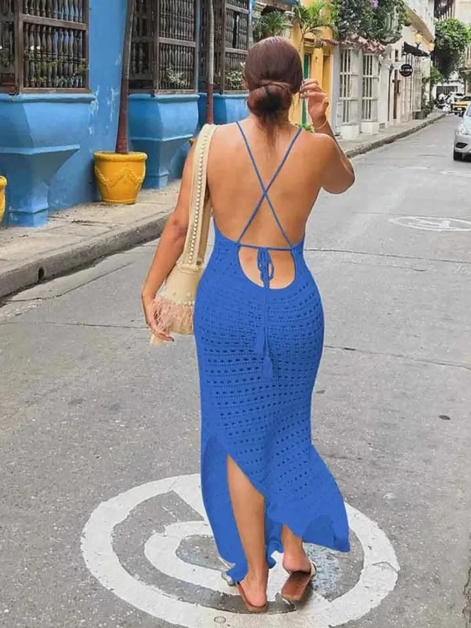 Robe de plage crochet longue fendue dos nu