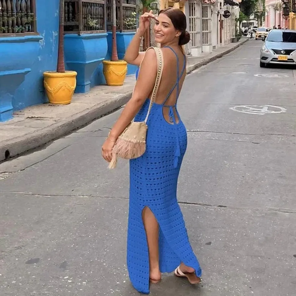 Robe de plage crochet longue fendue dos nu