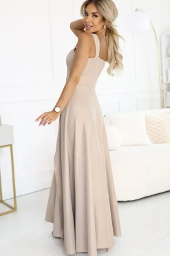 Robe de soirée beige fendue longue chic