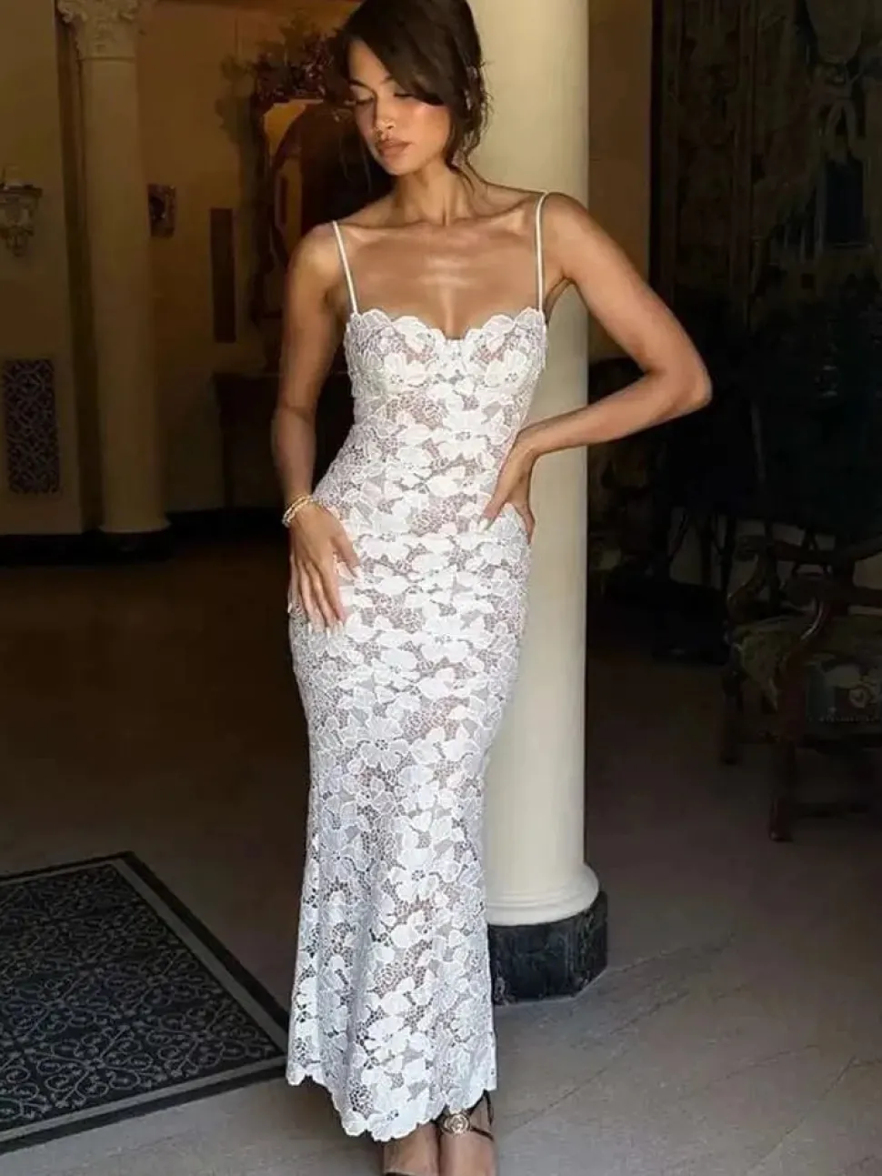 Robe de soirée blanche dentelle longue