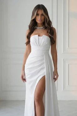 Robe de soirée blanche longue fendue bustier