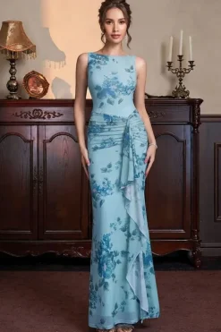 Robe de soirée bleu clair à motif floral