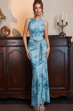 Robe de soirée bleu clair à motif floral