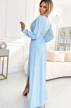 Robe de soirée bleue chic fendue longue
