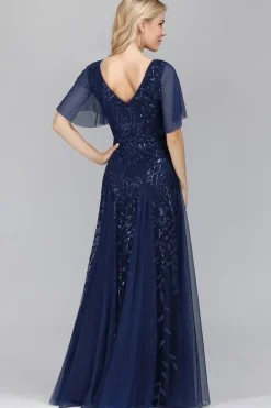 Robe de soirée bleue chic longue manches à volants