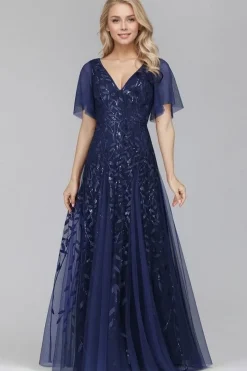 Robe de soirée bleue chic longue manches à volants