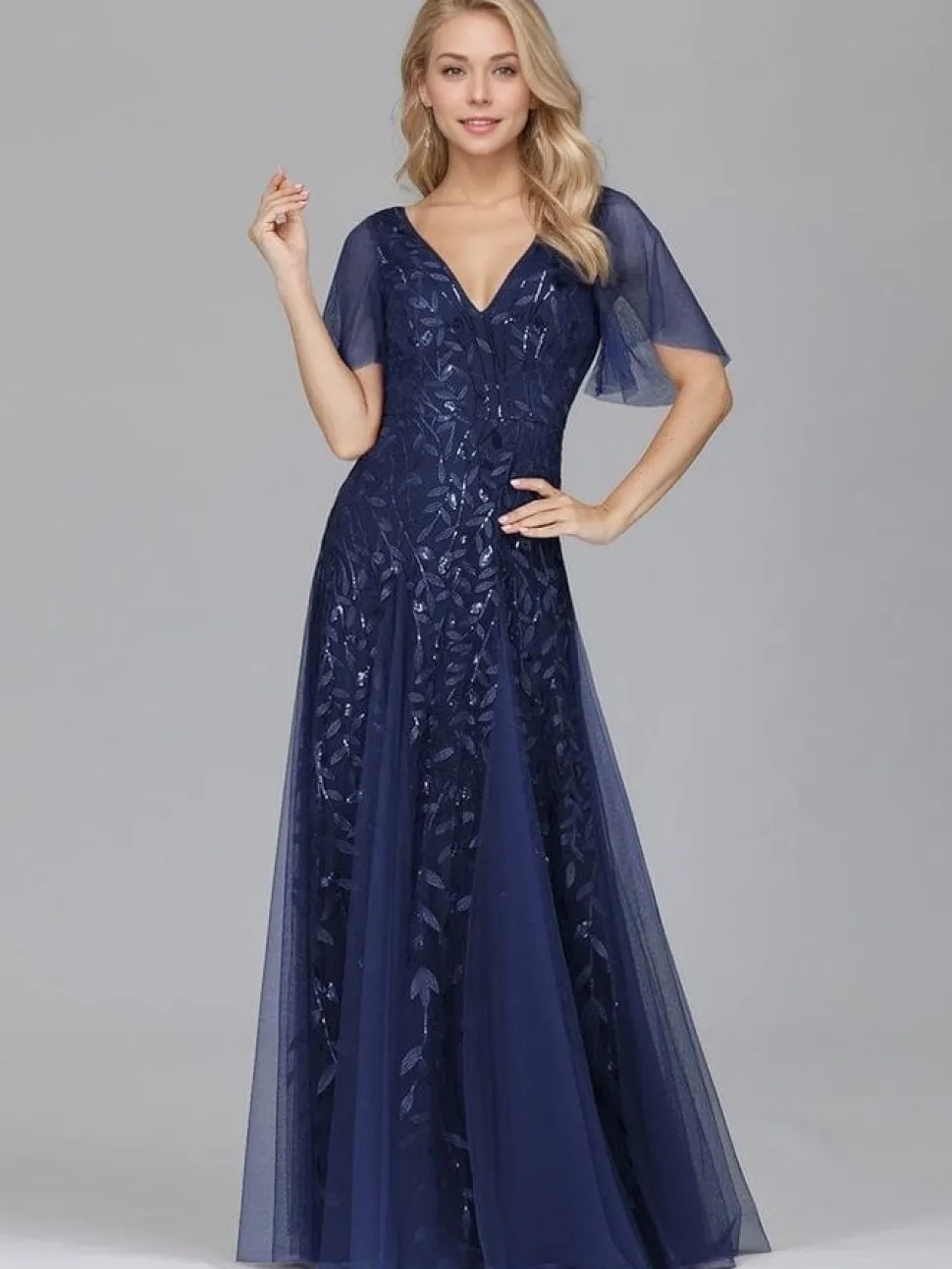 Robe de soirée bleue chic longue manches à volants