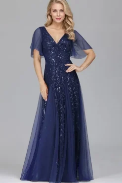 Robe de soirée bleue chic longue manches à volants