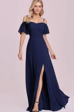 Robe de soirée bleue fendue longue manches volantes