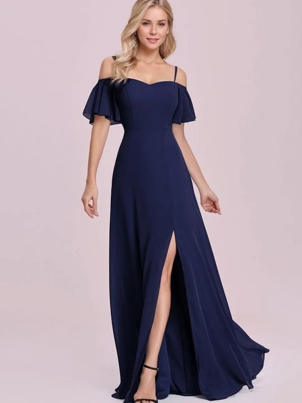 Robe de soirée bleue fendue longue manches volantes
