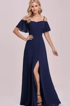 Robe de soirée bleue fendue longue manches volantes