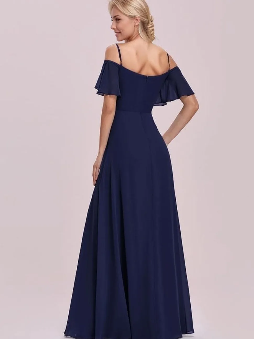 Robe de soirée bleue fendue longue manches volantes