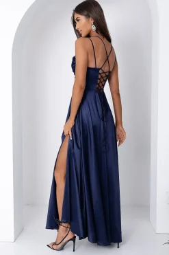 Robe de soirée bleue longue fendue