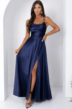 Robe de soirée bleue longue fendue