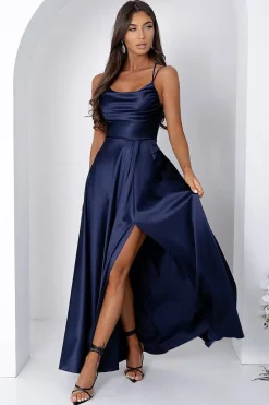 Robe de soirée bleue longue fendue