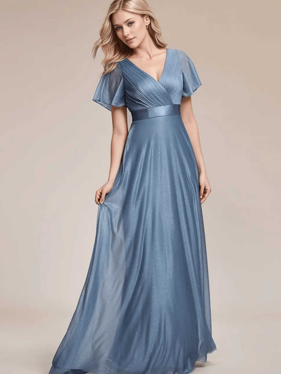 Robe de soirée bleue longue à volants et décolleté plongeant