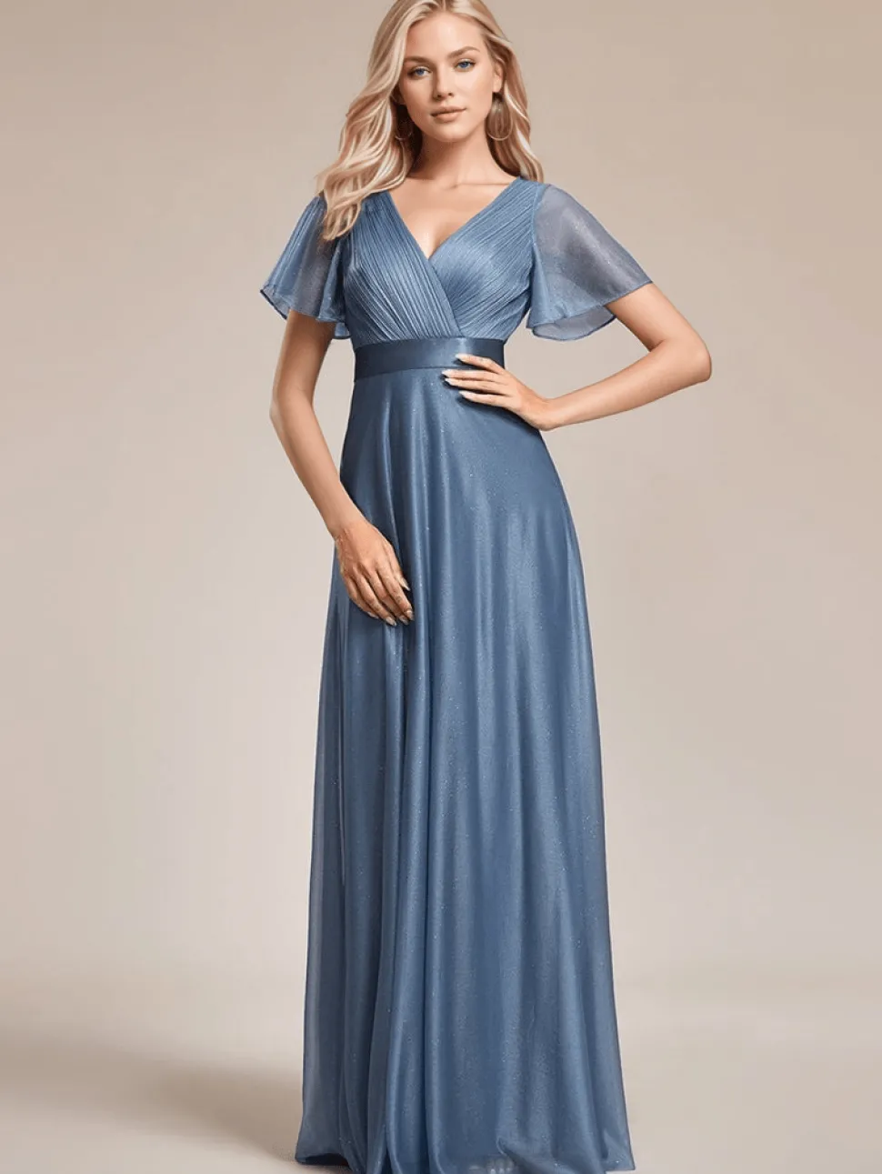 Robe de soirée bleue longue à volants et décolleté plongeant