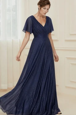 Robe de soirée bleue manches à volants scintillante
