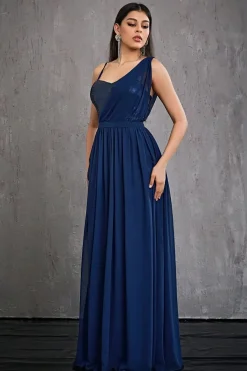 Robe de soirée bleue marine longue haut à paillettes