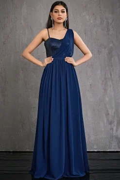 Robe de soirée bleue marine longue haut à paillettes