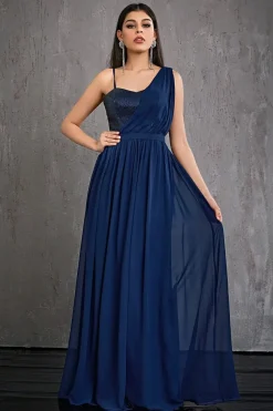 Robe de soirée bleue marine longue haut à paillettes