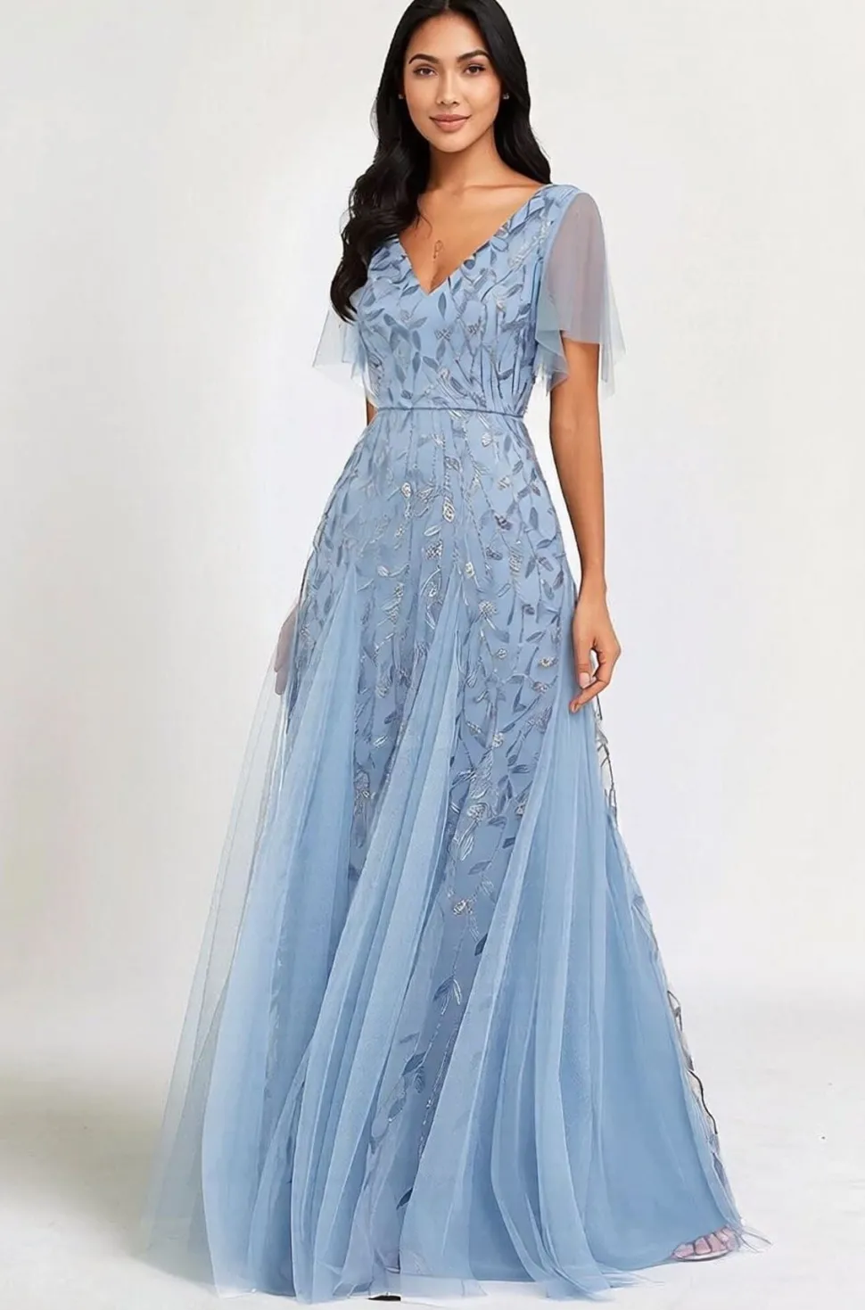 Robe de soirée bleue motif paillettes